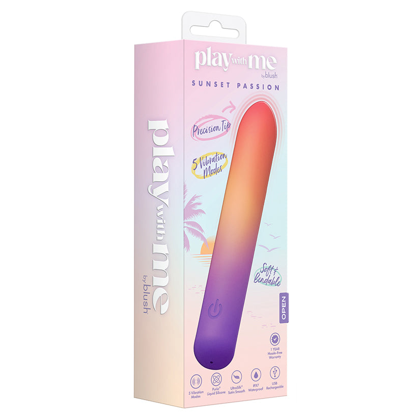 Play With Me Sunset Passion sensual intimacy enhancer packaging designed for romantic mood setting