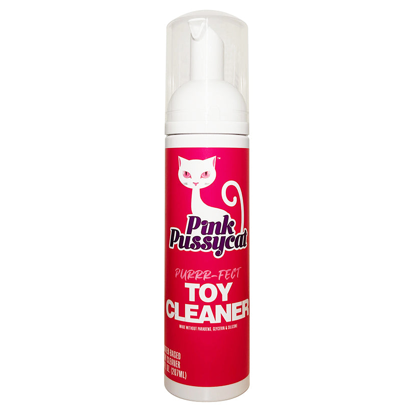 Pink Pussycat Toy Cleaner spray bottle, gentle body-safe sex toy disinfectant in pink packaging