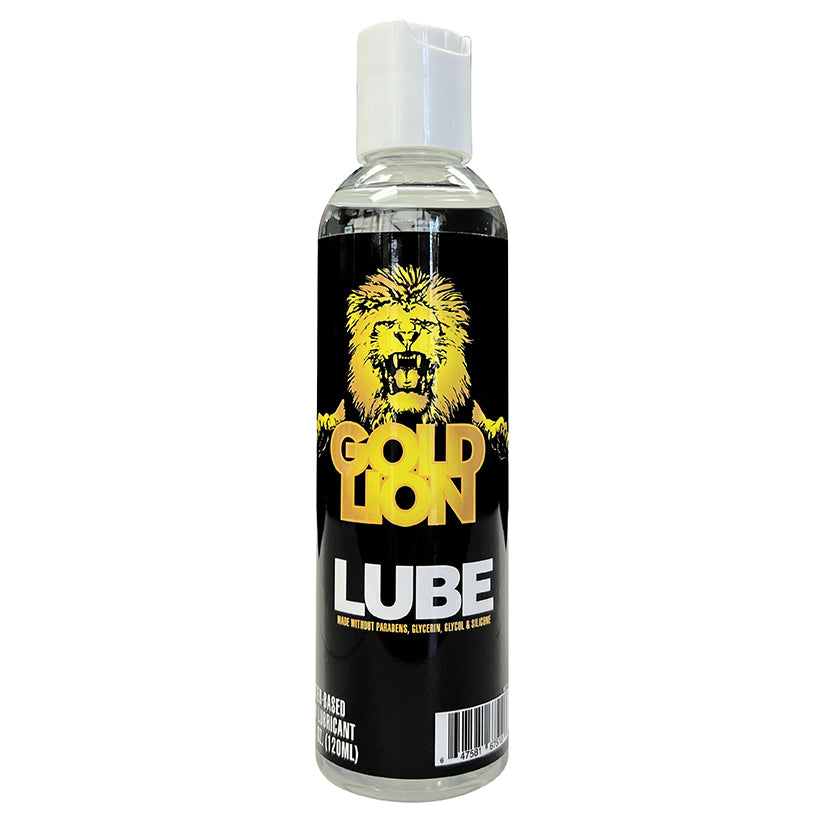 Gold Lion Lubricant 4oz bottle with bold black and gold packaging, premium warming and tingling lubricant for enhanced intimate pleasure.