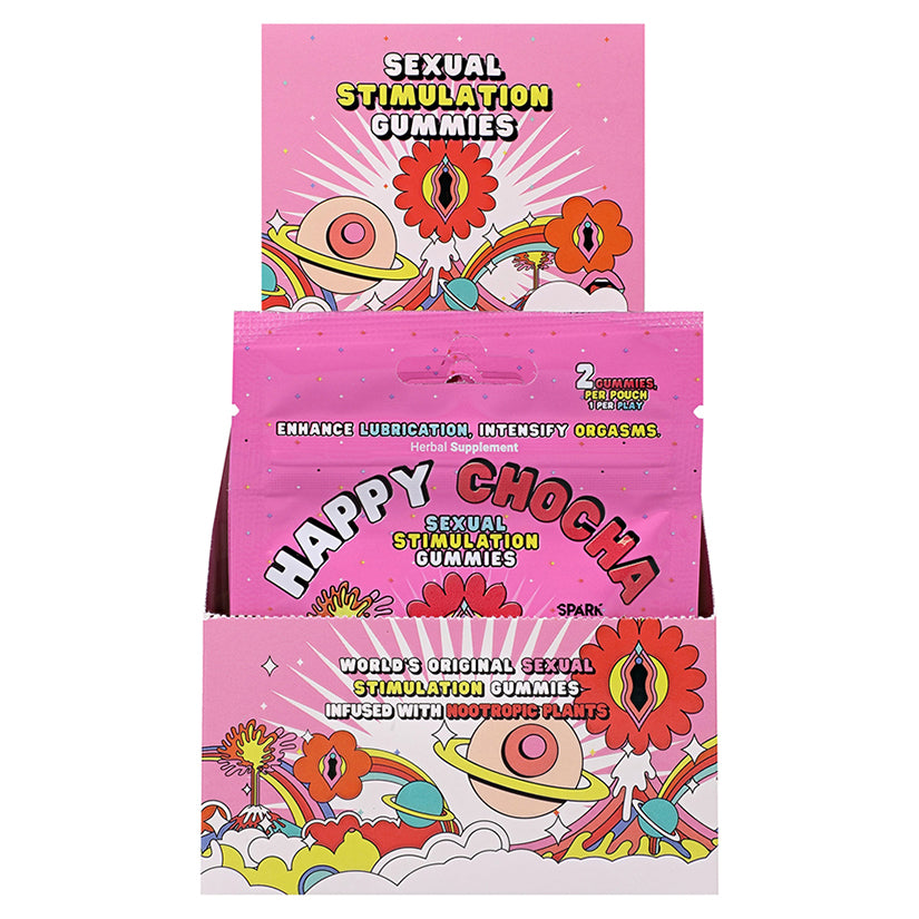 Happy Chocha Hers Sexual Stimulation Gummies retail display box containing 12 individual packets designed for female enhancement.