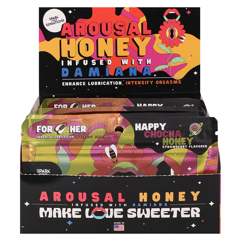 Happy Chocha Hers Honey Arousal Honey retail display box with 12 individual packets designed for female arousal support.