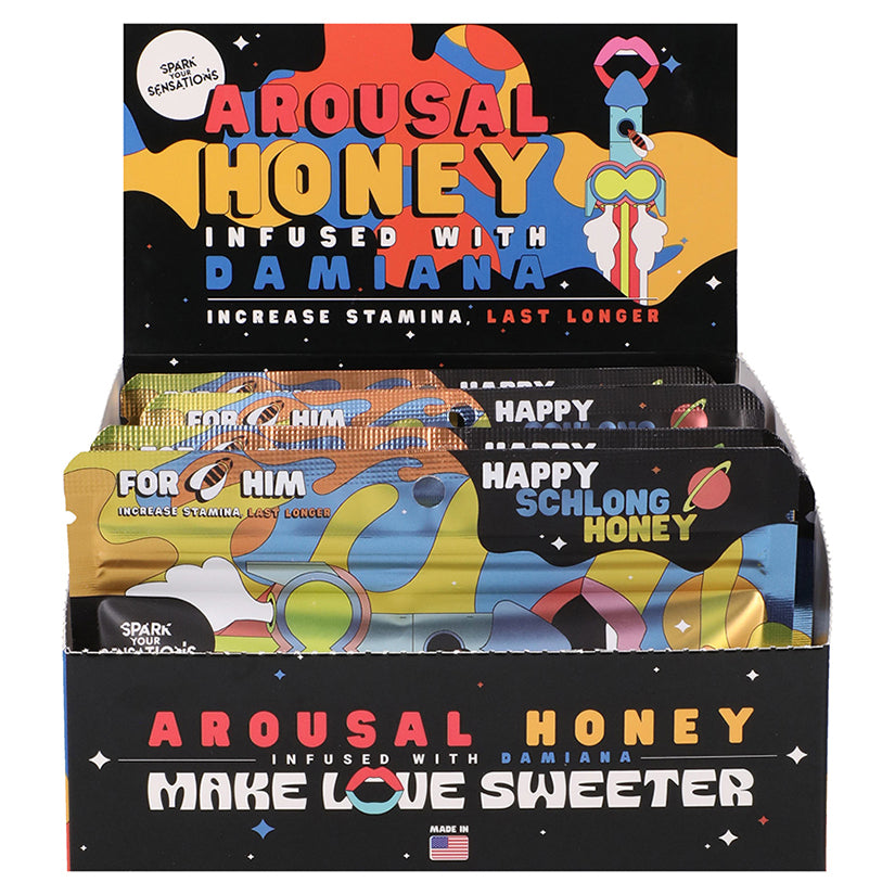 Happy Schl ong His Honey Arousal Honey retail display box containing 12 individual honey flavored arousal packets for men.
