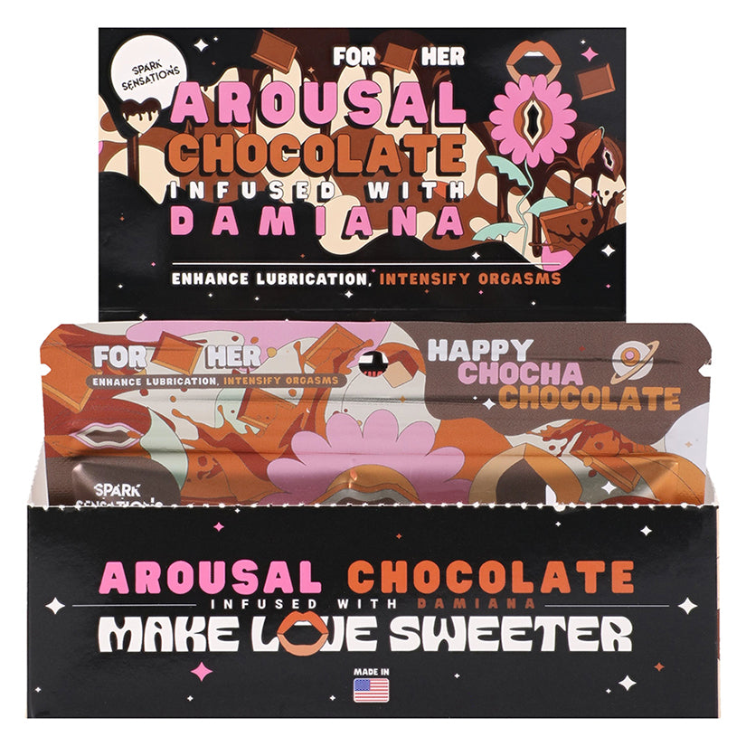 Happy Chocha Hers Chocolate Arousal Honey retail display box containing 12 individual chocolate flavored arousal honey packets.