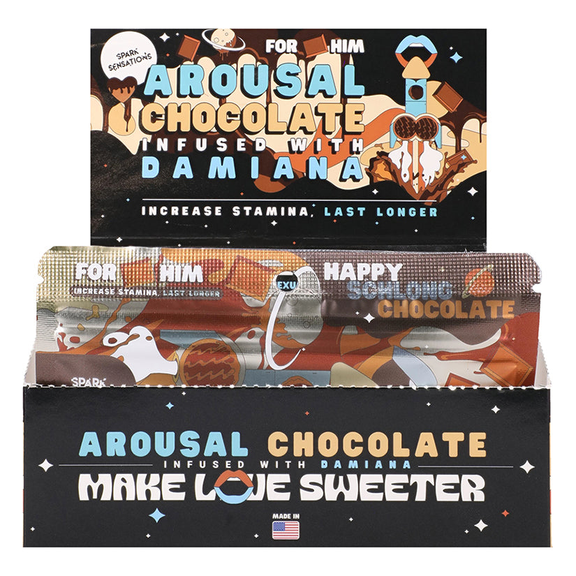 Happy Schl ong His Chocolate Arousal Honey retail display box containing 12 individual chocolate flavored packets.
