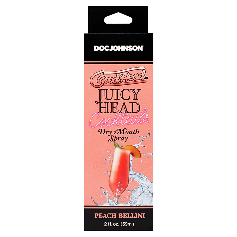 GoodHead Juicy Head Cocktails Peach Bellini Dry Mouth Spray 2oz in elegant pink packaging with peach cocktail theme.
