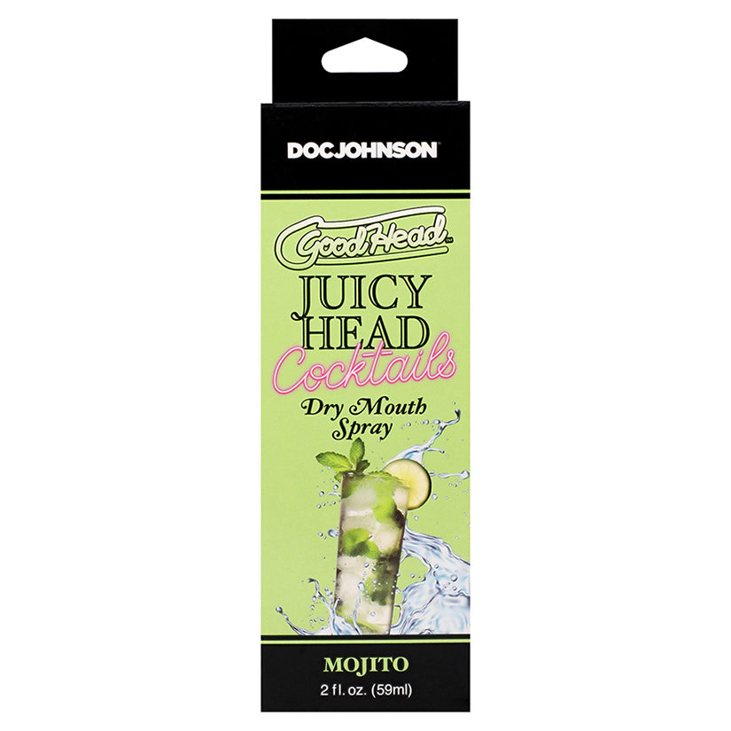 GoodHead Juicy Head Cocktails Mojito Dry Mouth Spray 2oz bottle with vibrant green packaging for fresh breath and intimacy.