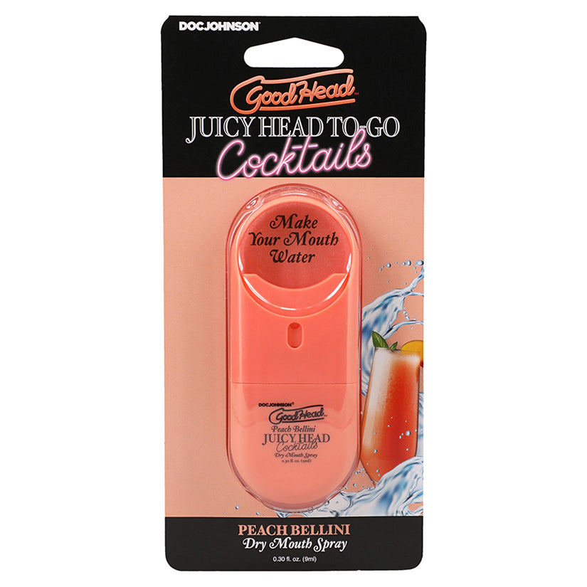 GoodHead Juicy Head Cocktails Peach Bellini Dry Mouth Spray To-Go in elegant pink packaging, perfect for fresh and kissable breath on the go.