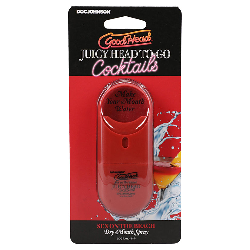 GoodHead Juicy Head Cocktails Sex on the Beach Dry Mouth Spray To-Go, red bottle with playful cocktail packaging.