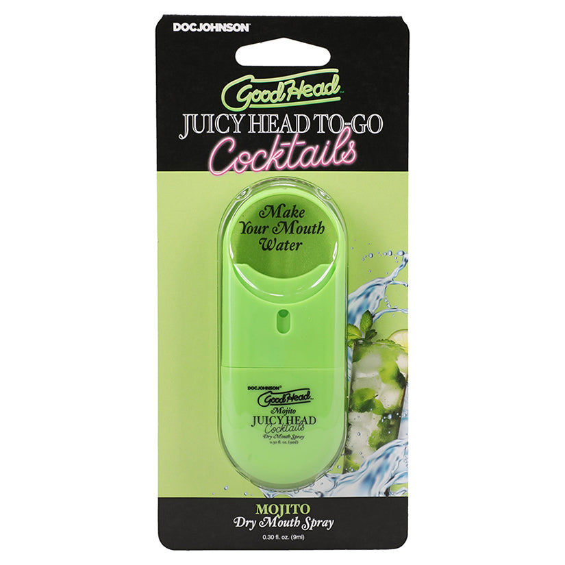 GoodHead Juicy Head Cocktails Mojito Dry Mouth Spray To-Go, compact green bottle with fun cocktail packaging.