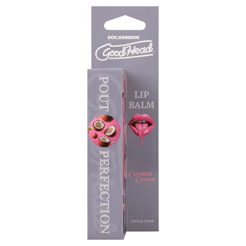 GoodHead Pout Perfection Lip Balm in Coconut Cream flavor, sleek tube with tropical packaging for soft and kissable lip care.