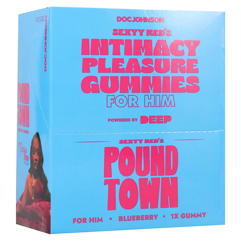 Sexyy Red His Sexual Stimulation Gummies Blueberry retail display box with 12 individual blueberry flavored male enhancement gummies.
