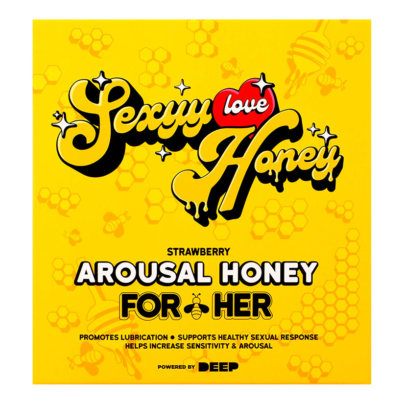 Sexyy Red Hers Honey Arousal Honey Strawberry retail display box containing 12 individual strawberry flavored arousal honey packets.