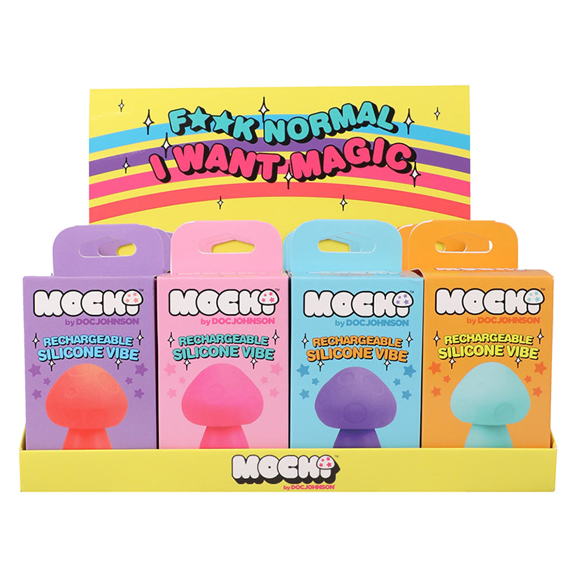 Mochi Mushroom Vibe retail display box containing 12 cute mushroom-shaped clitoral vibrators in colorful packaging.
