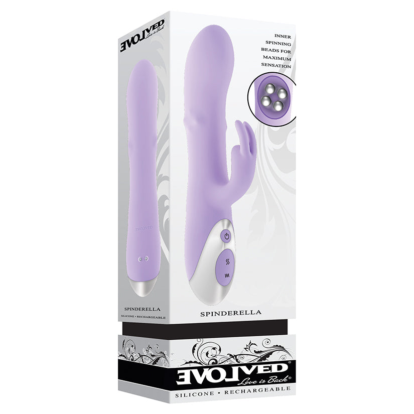 Evolved Spinderella purple silicone rabbit vibrator with internal spinning beads and rechargeable dual stimulation design