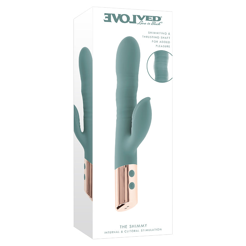 Evolved The Shimmy teal silicone rabbit vibrator with thrusting shaft and dual clitoral stimulation design