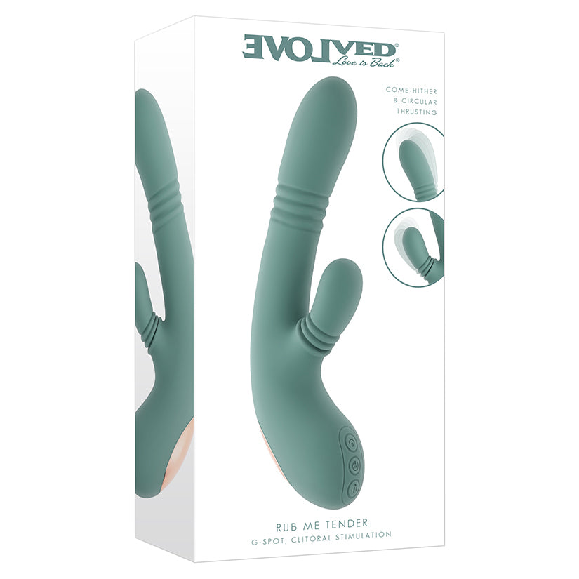 Green Evolved Rub Me Tender dual stimulation thrusting vibrator with circular clitoral arm in box