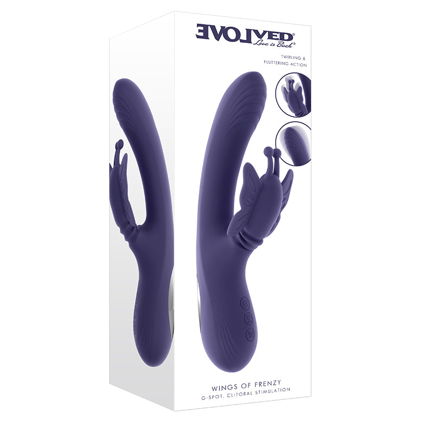 Purple Evolved Wings of Frenzy dual stimulation vibrator with twirling shaft and thrusting butterfly wings in box