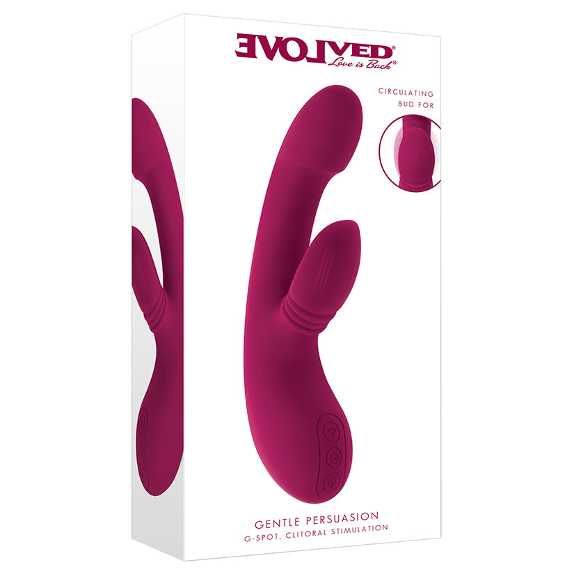 Pink Evolved Gentle Persuasion dual stimulation vibrator with come-hither shaft and circular clitoral massager in box