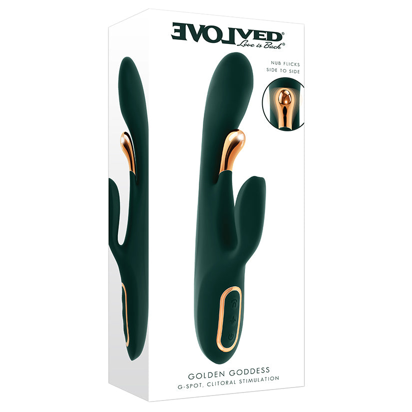 Green Evolved Golden Goddess dual vibrator with rose gold mid-shaft G-spot Flicker and clitoral arm in box