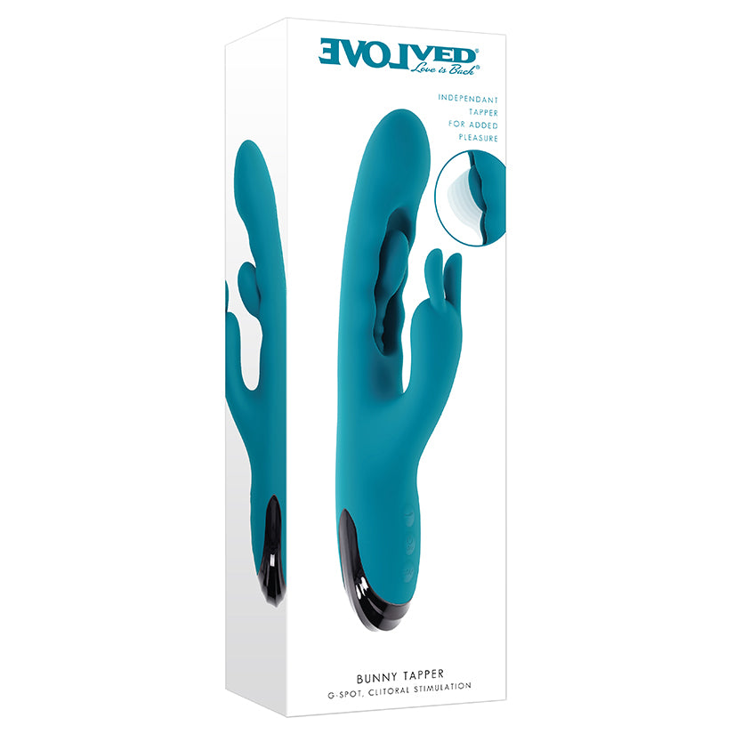 Blue Evolved Bunny Tapper triple-motor rabbit vibrator with center shaft tapper and flexible bunny ears in box