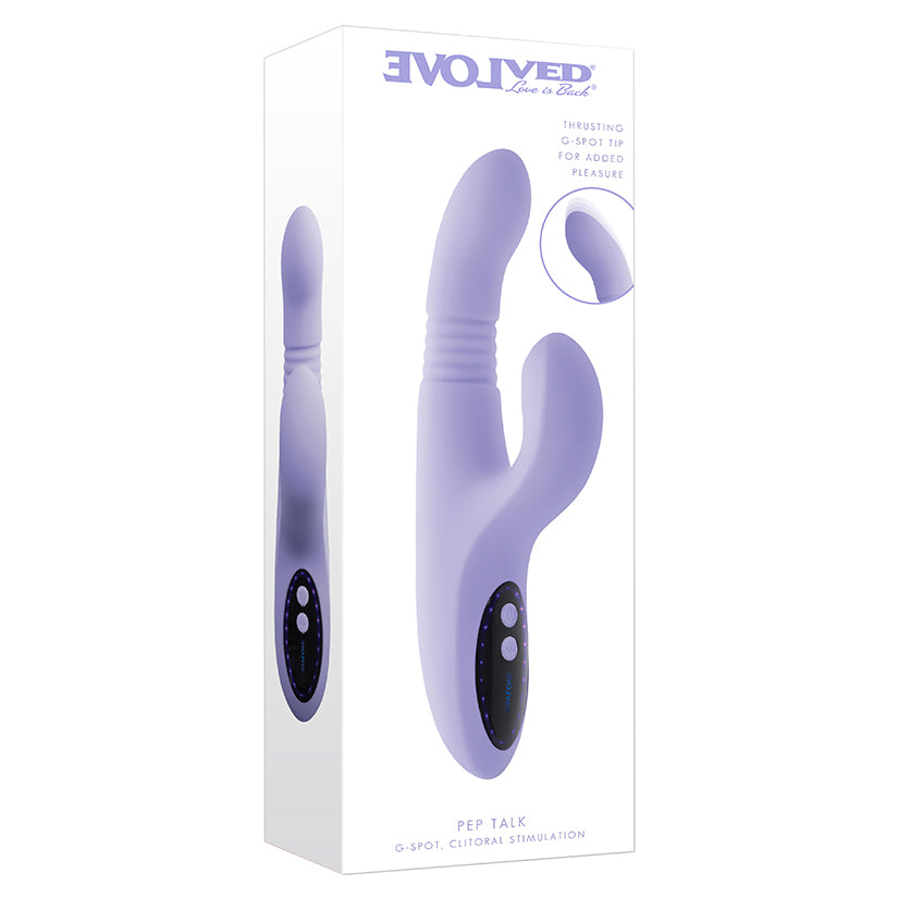 Evolved Pep Talk purple and blue rabbit vibrator with thrusting shaft and flexible tapping clitoral stimulator, body-safe silicone rechargeable dual pleasure toy