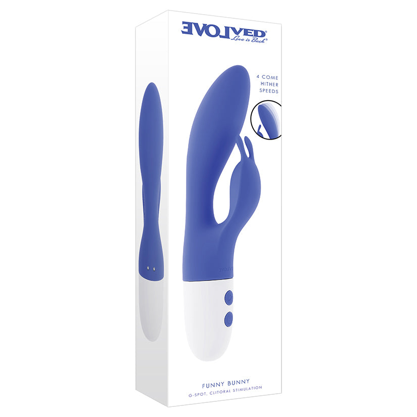 Evolved Funny Bunny blue rabbit vibrator featuring come-hither curved shaft and flexible clitoral bunny ears, body-safe silicone rechargeable dual stimulation toy