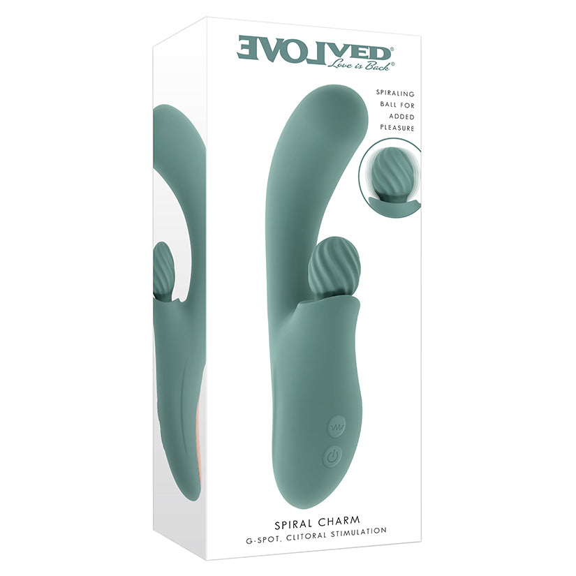Green Evolved Spiral Charm dual stimulation vibrator in box with curved shaft and spiraling clitoral ball