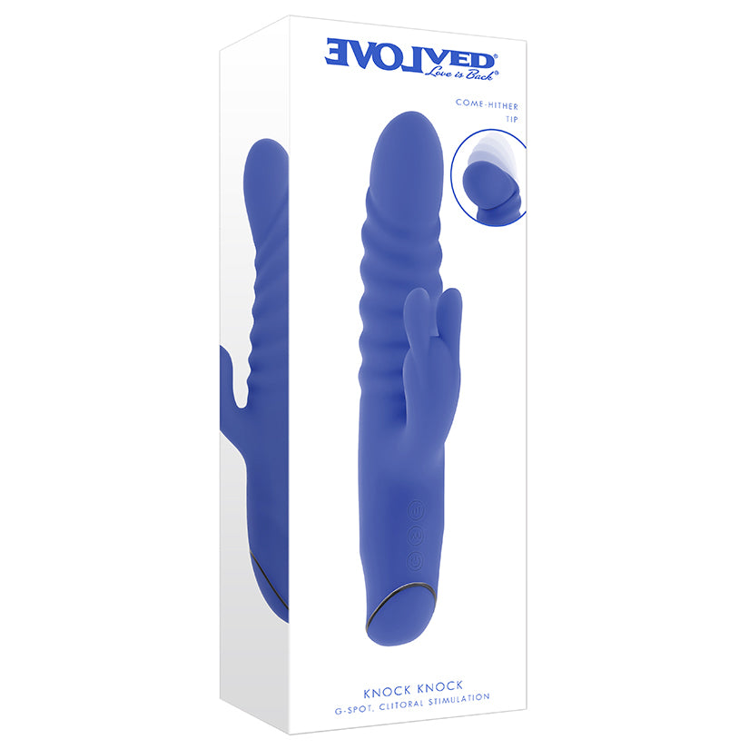 Blue Evolved Knock Knock dual stimulation rabbit vibrator in box with ribbed come-hither shaft and flexible clitoral arm