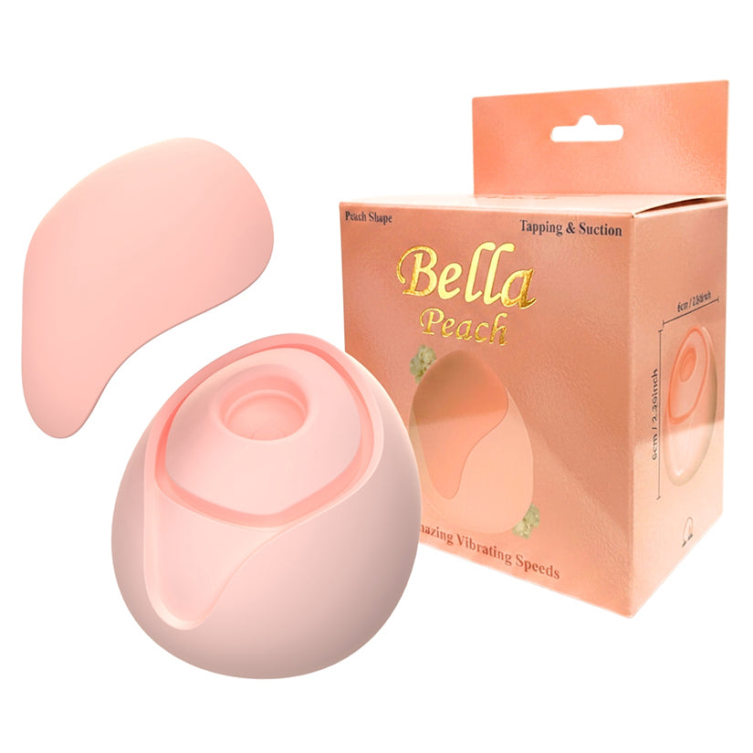 Peach-shaped Bella Peach rechargeable silicone clitoral stimulator shown with box