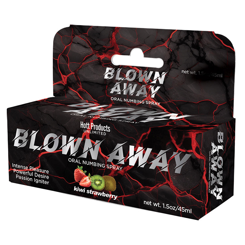 Blown Away Numbing Spray in Strawberry Kiwi flavor, compact 1.5oz bottle with vibrant packaging for adult performance support.