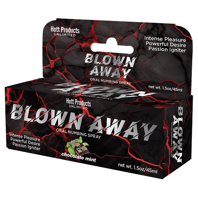 Blown Away Numbing Spray in Chocolate Mint flavor, 1.5oz bottle with sleek black packaging designed for discreet adult pleasure enhancement.