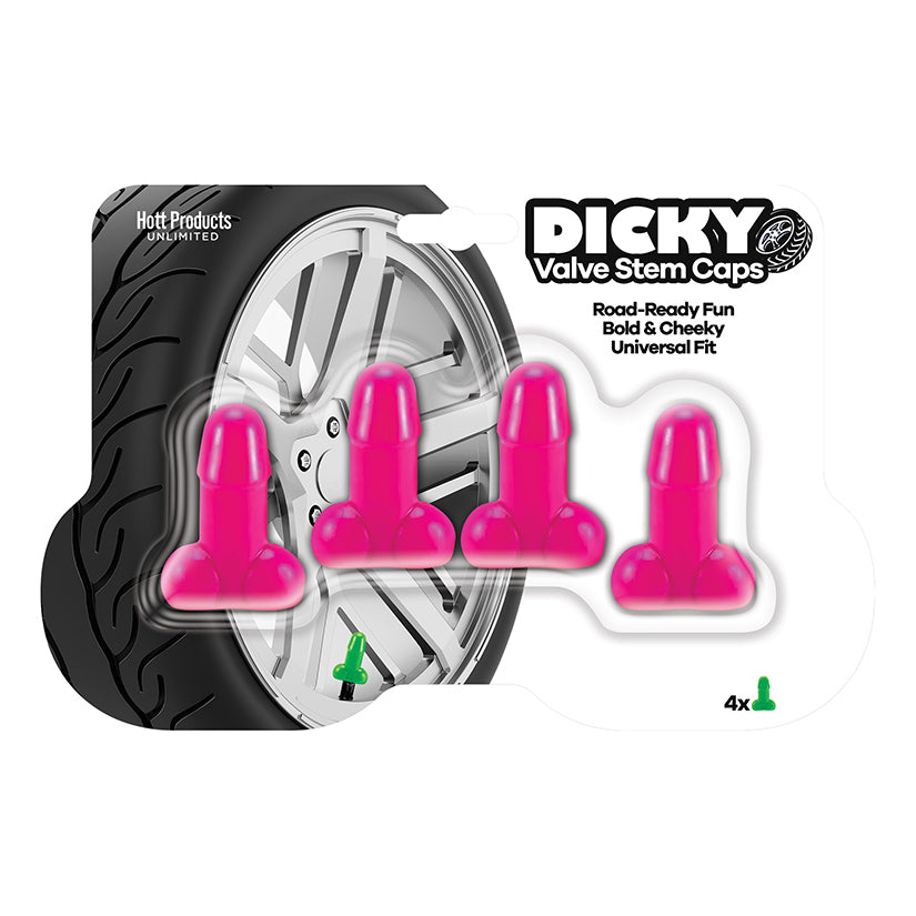 Dicky Valve Stem Caps in bright pink, set of 4 humorous novelty valve stem covers for tires.