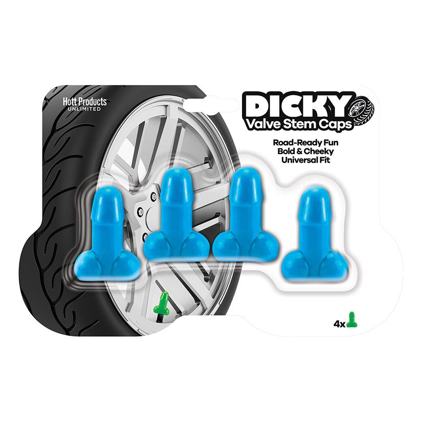 Dicky Valve Stem Caps in vibrant blue, set of 4 novelty tire valve caps with playful adult design.
