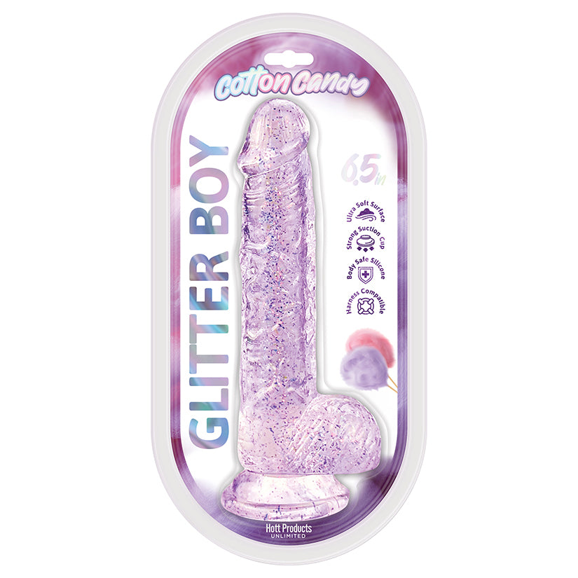 Cotton Candy Glitter Boy Jelly Glitter Dildo in Pink 7.3", sparkling flexible suction cup dildo with glitter finish, body-safe jelly material