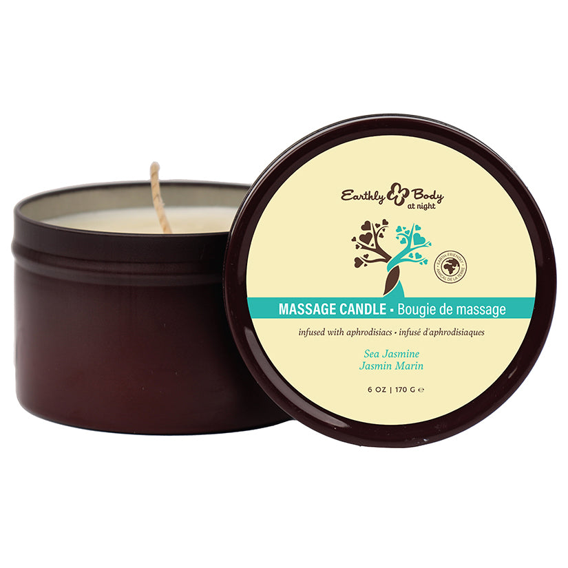 Earthly Body at Night Sea Jasmine 6oz Aphrodisiac Candle with elegant packaging and calming blue floral design, ideal for sensual relaxation.