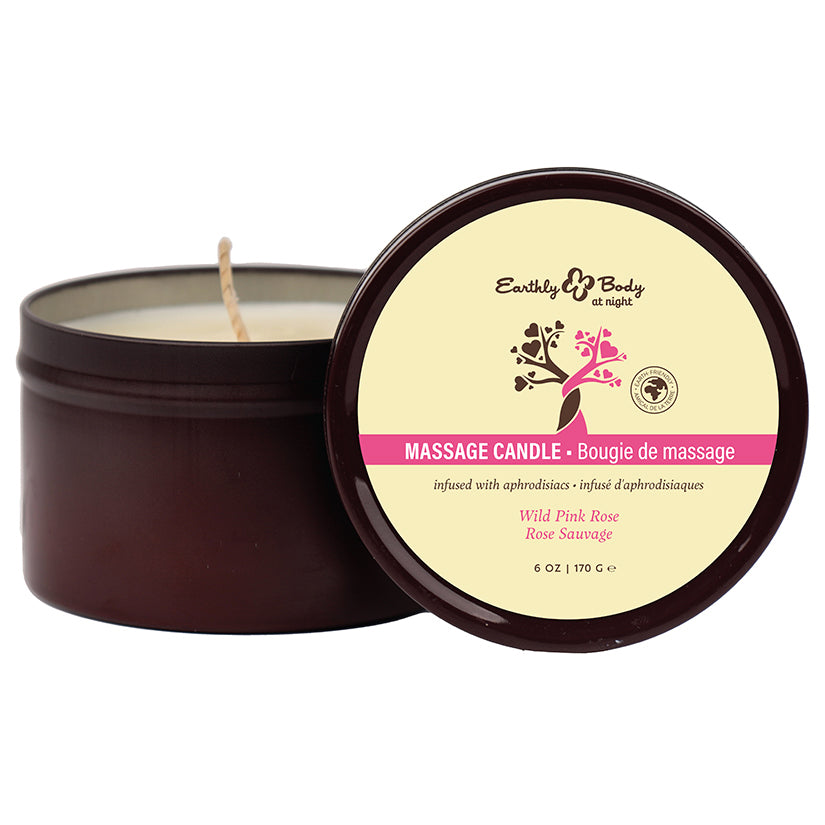 Earthly Body at Night Wild Pink Rose Aphrodisiac Candle in elegant jar with soft pink rose design, creating a romantic and sensual atmosphere.