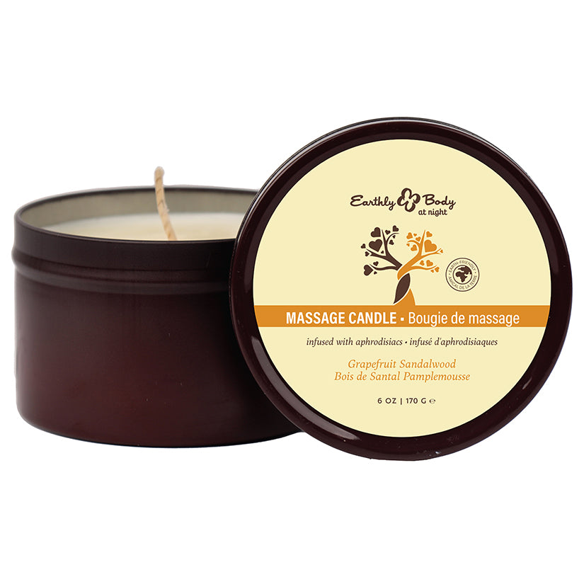 Earthly Body at Night Grapefruit 6oz Aphrodisiac Candle in vibrant packaging with fresh citrus design, ideal for uplifting and sensual home fragrance.