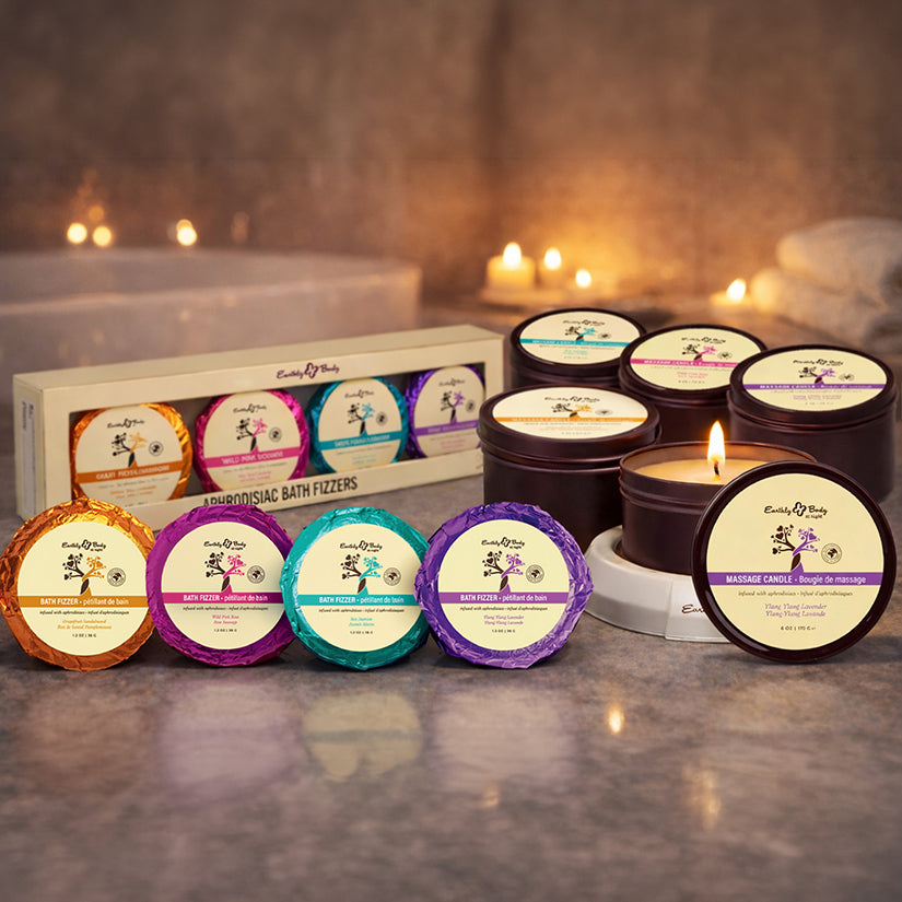 Earthly Body at Night Aphrodisiac Prepack Display featuring a complete retail-ready collection of sensual candles and bath fizzers in attractive packaging.