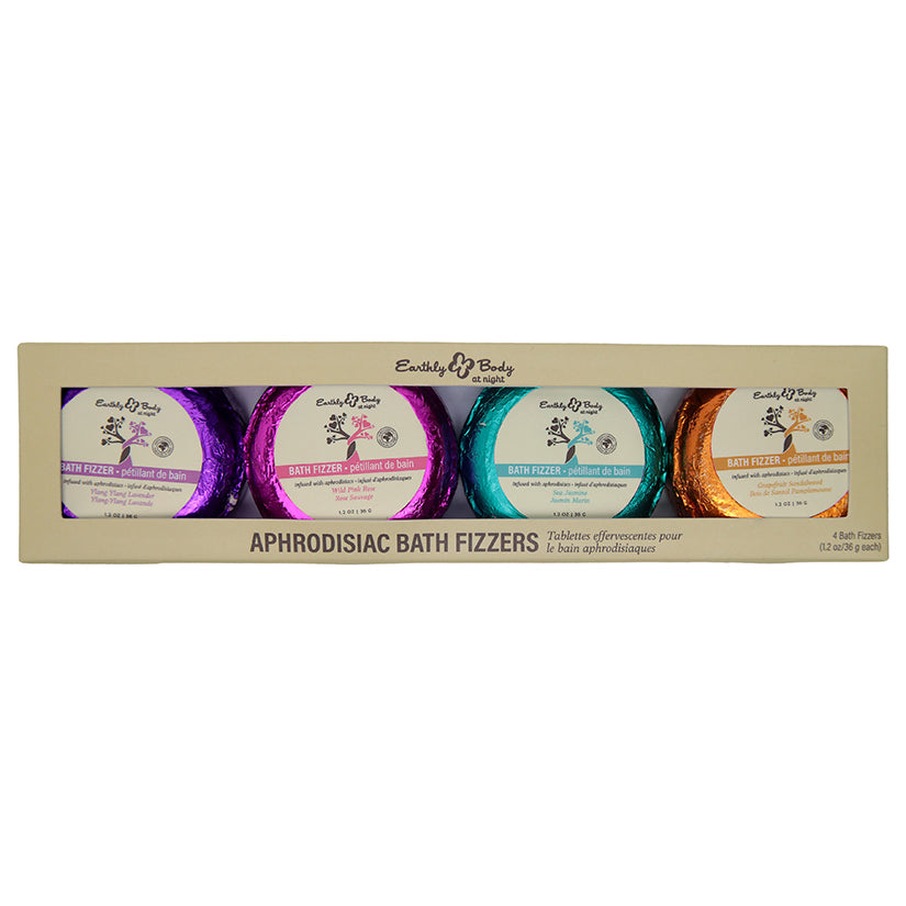 Earthly Body at Night Bath Fizzer Aphrodisiac Collection Set with luxurious bath bombs in seductive packaging, perfect for romantic and sensual bathing experiences.
