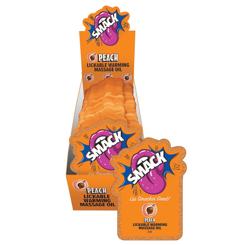 Smack Lickable Massage Oil Peach 3ml pouch display of 36, edible flavored body massage oil