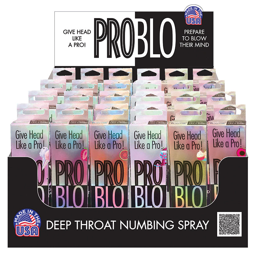 Problo Deep Throat Spray retail display of 24, flavored oral comfort sprays