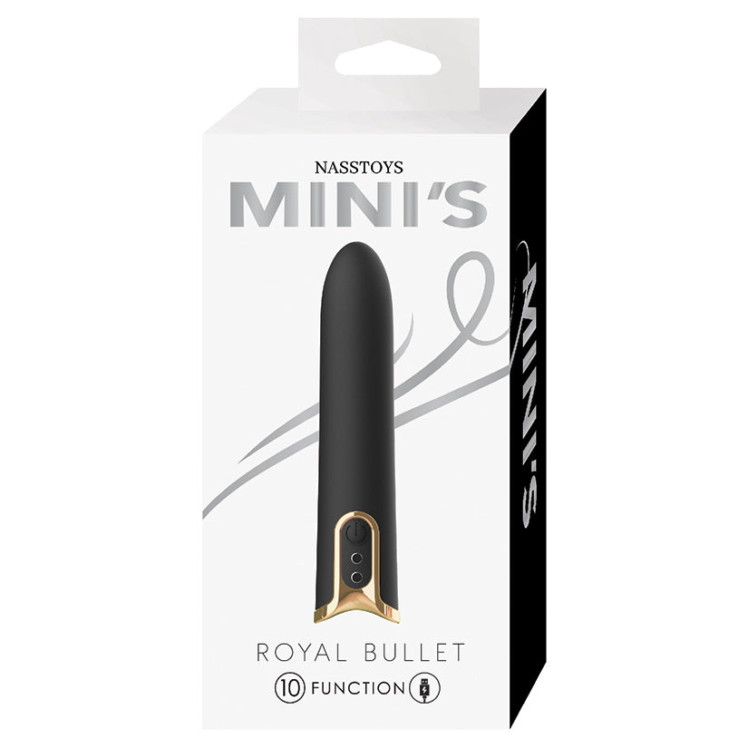 Royal Bullet mini bullet vibrator featuring a sleek black silicone body with gold accent controls and discreet compact design