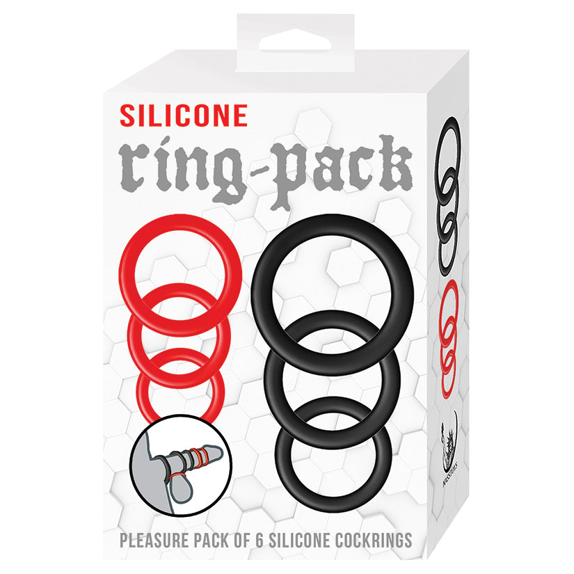 Silicone cock ring pack red and black 6-pack