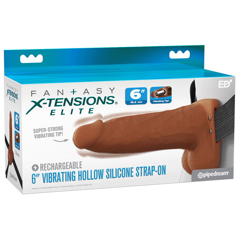 X-Tensions Elite vibrating hollow strap-on dual density brown 6 inch