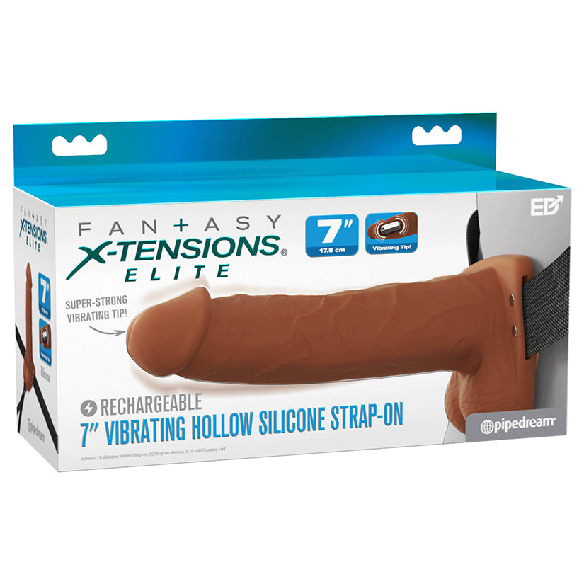X Tensions Elite vibrating hollow strap on brown 7 inch