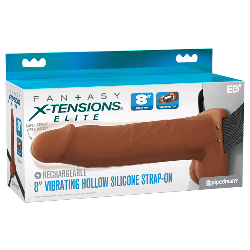 X Tensions Elite vibrating hollow strap on brown 8 inch