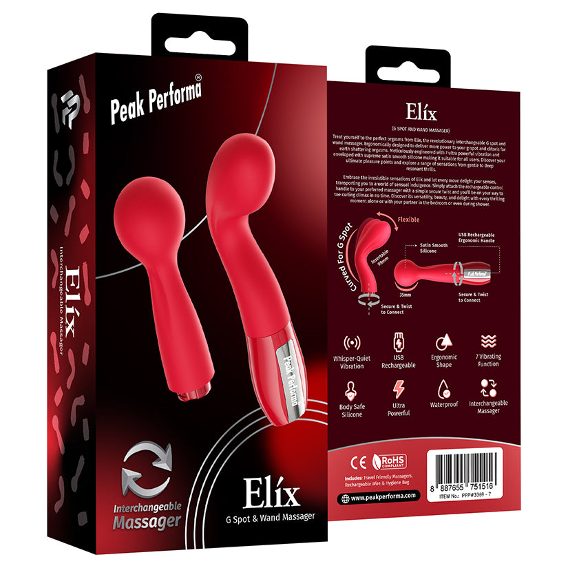 Peak Performa Elix red interchangeable G-spot and wand massager