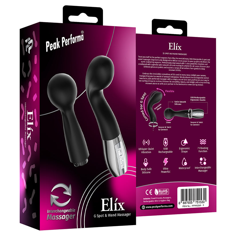 Peak Performa Elix black interchangeable G-spot and wand massager