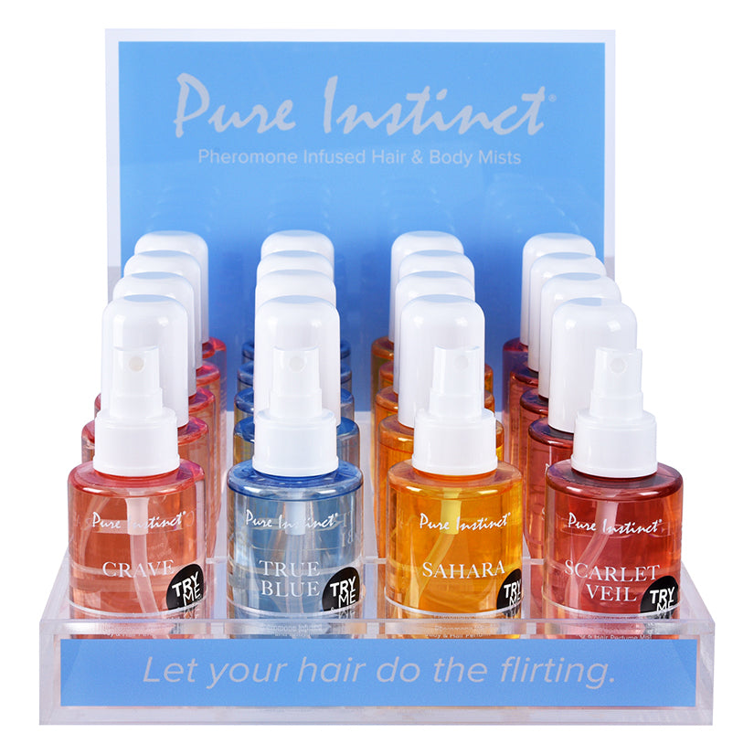 Pure Instinct pheromone hair and body mist bundle with acrylic retail display
