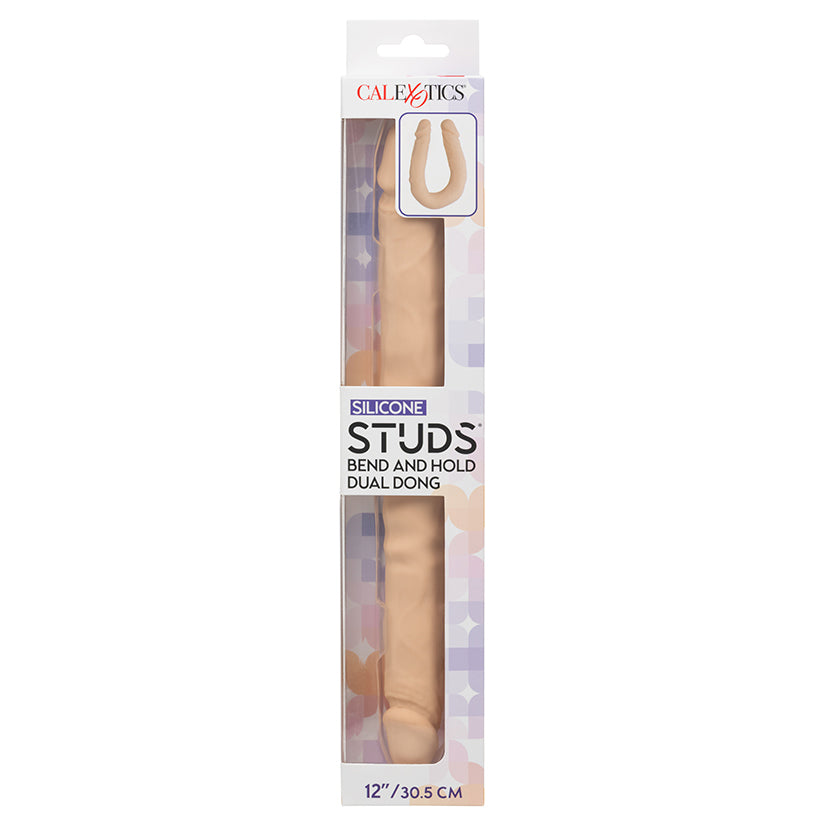 Silicone Studs Bend and Hold Dual Dong 12 Inch Ivory, flexible double ended studded dildo with bend and hold feature